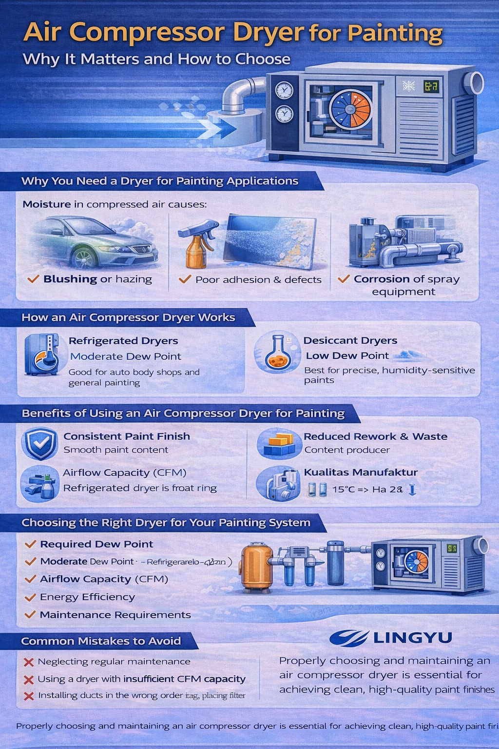 Air compressor dryer for painting infographic—prevents blushing, poor adhesion, and spray gun corrosion; compares refrigerated vs desiccant dryers.