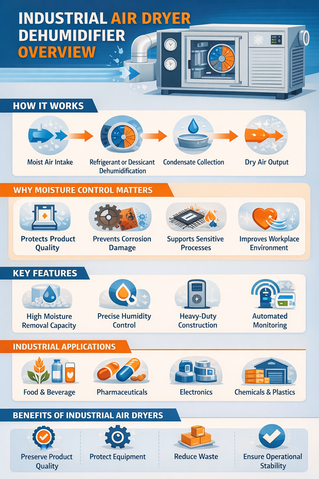 Industrial air dryer dehumidifier overview infographic—how it works, key features, applications, and moisture control benefits.