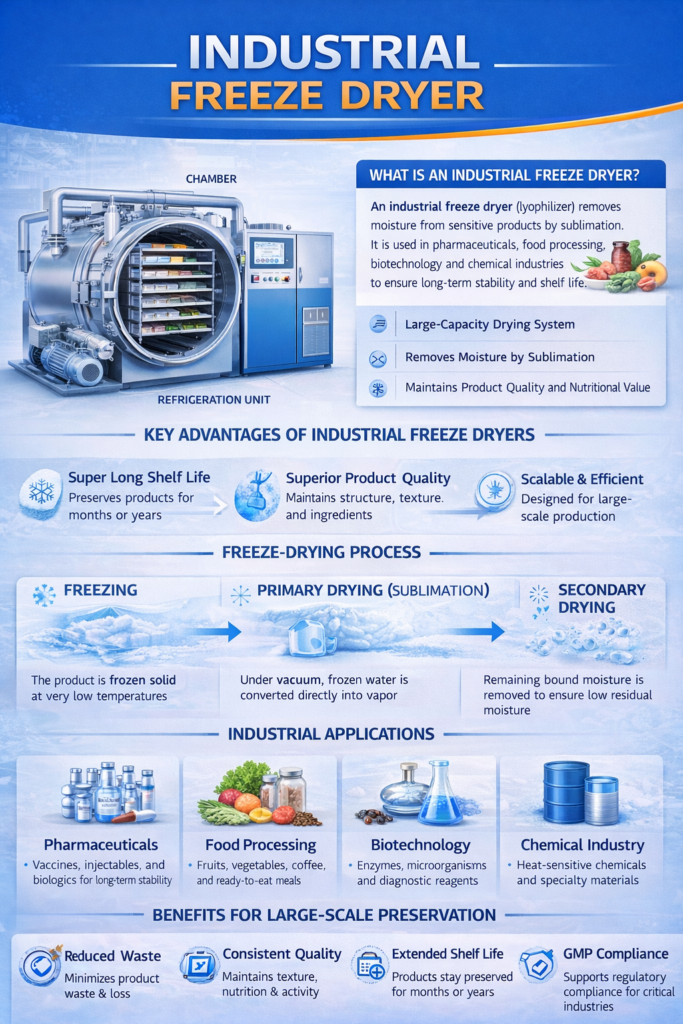 Infographic of an industrial freeze dryer (lyophilizer) showing the chamber system, key advantages, freeze-drying steps (freezing, primary drying/sublimation, secondary drying), and applications in pharmaceuticals, food, biotechnology, and chemical industry.