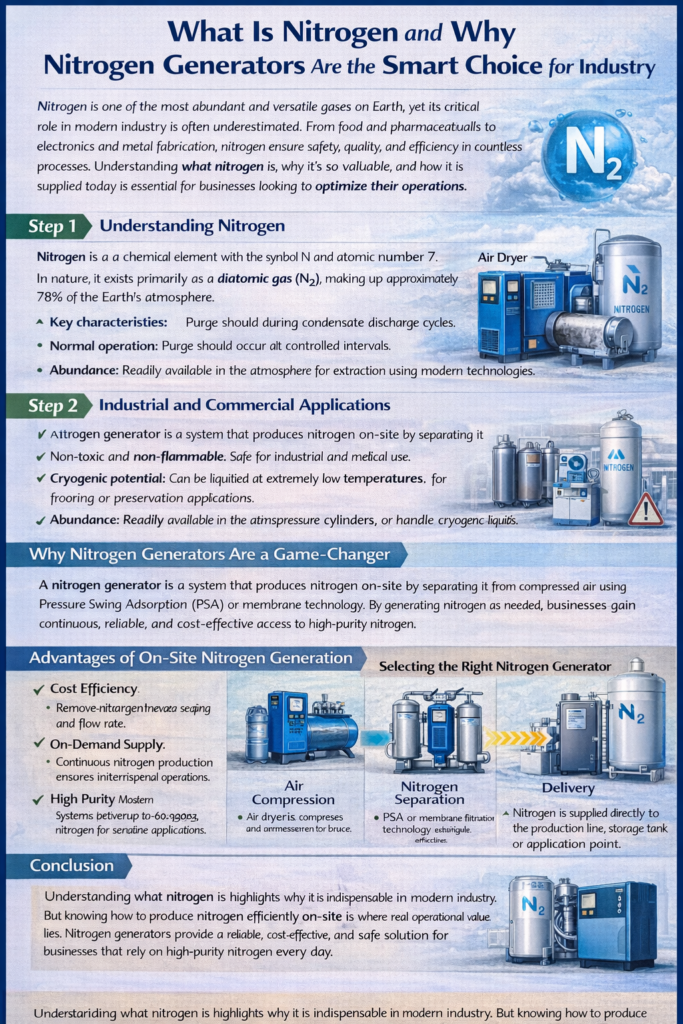 Infographic explaining nitrogen (N₂) and why on-site nitrogen generators are smart for industry, showing steps, applications, benefits, and PSA/membrane process flow.