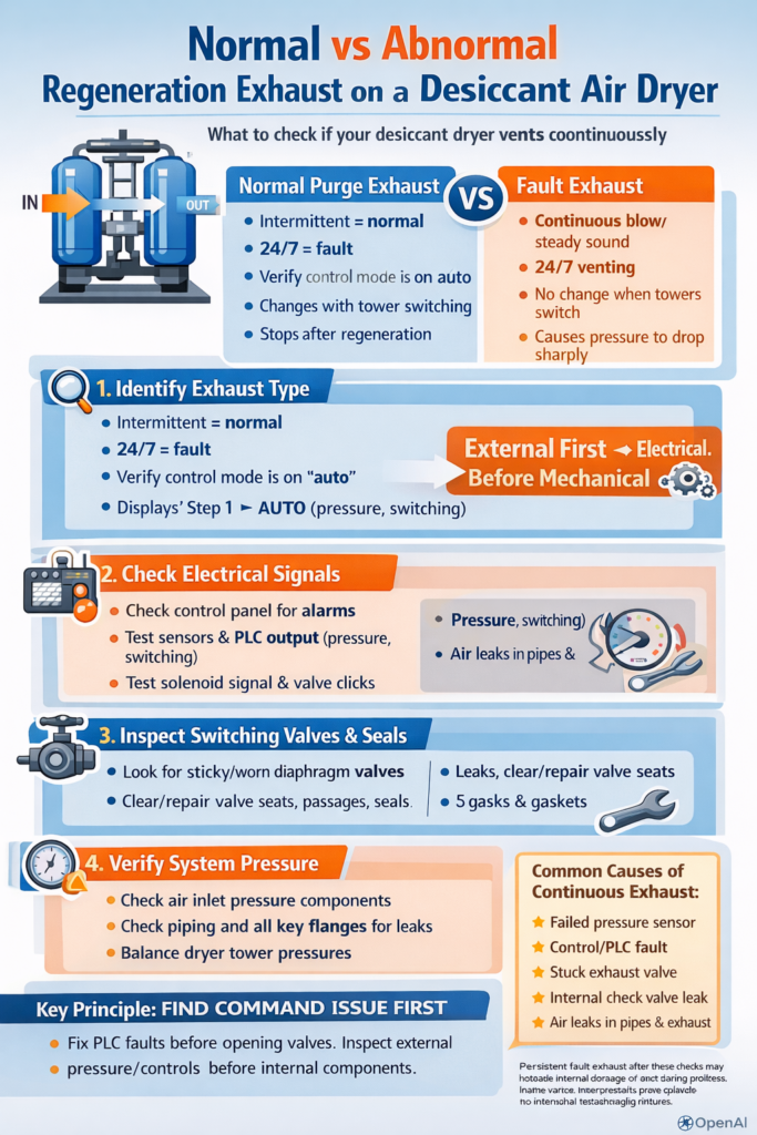 Infographic comparing normal vs abnormal regeneration exhaust on a desiccant air dryer, with signs of continuous venting faults and a step-by-step checklist to troubleshoot controls, valves, seals, and system pressure.