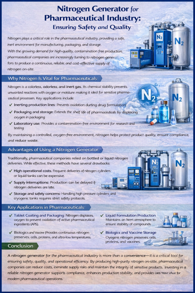 Infographic on nitrogen generators for the pharmaceutical industry, highlighting N₂ as an inert gas for safety and quality, benefits of on-site generation, and key uses like inerting production lines, packaging/storage, labs, tablet coating, liquid formulation, and biologics/vaccine storage.