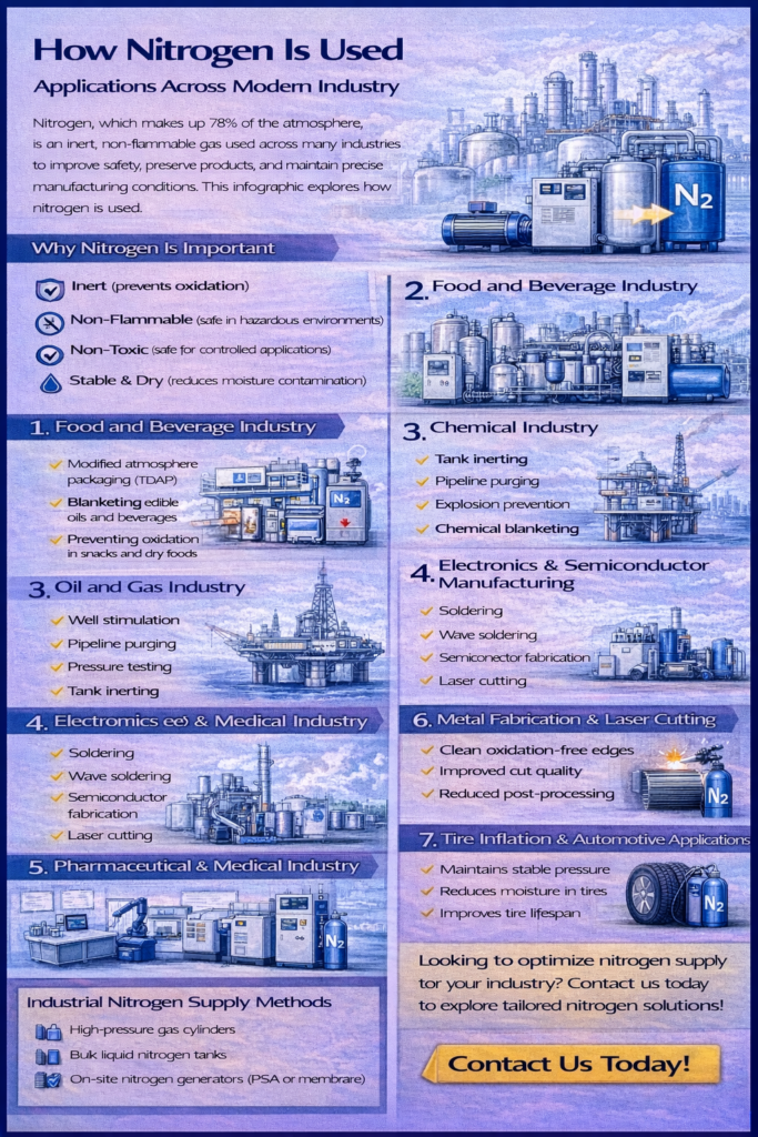 Infographic explaining how nitrogen is used across industries, including food packaging, chemical inerting, oil and gas, electronics manufacturing, pharmaceuticals, metal fabrication, and automotive applications.